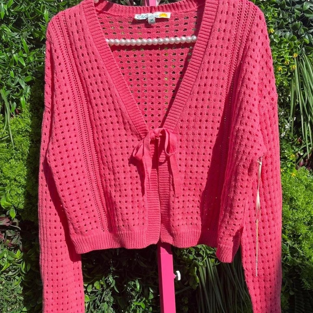 C&C California 100% Cotton Pink Open Knit Crochet Tie Front Cardigan Size Large - Picture 3 of 5